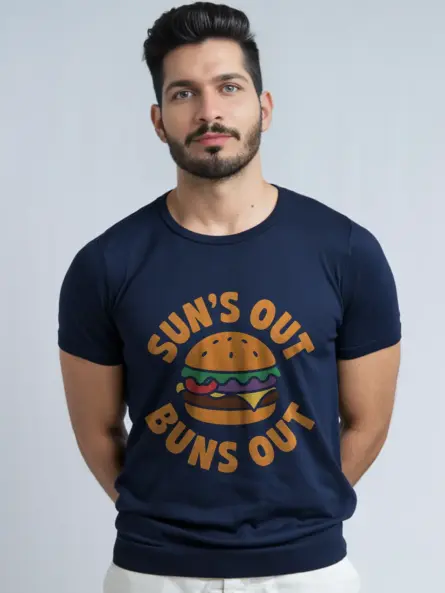 Navy Sun's Out Buns Out Burger Tee front – funny burger pun t-shirts for summer