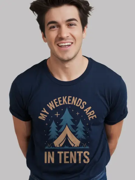 navy front view weekend camping pun t-shirt funny camping tee