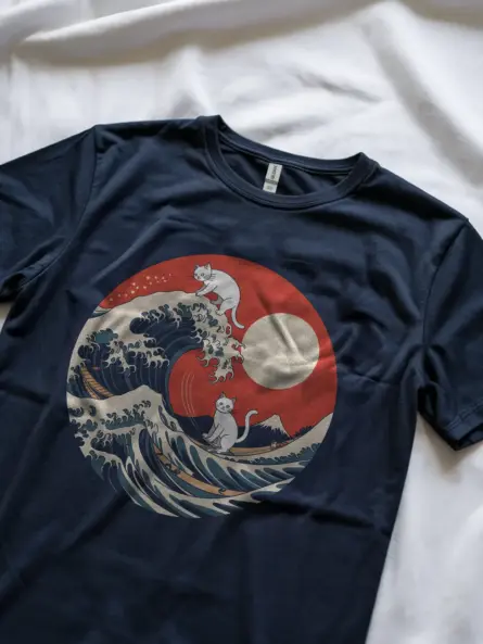 Navy great wave cat t-shirt hokusai cat shirt