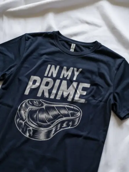 Navy In My Prime Steak T-Shirt self-care meme shirt side view