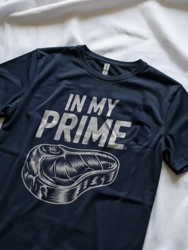 Navy In My Prime Steak T-Shirt self-care meme shirt side view