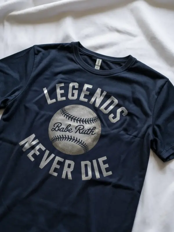 Navy Legends Never Die Baseball T-Shirt retro baseball legends t-shirt for collectors front view