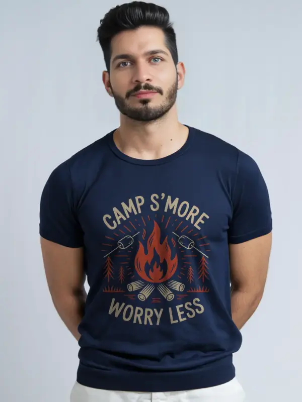 Navy lifestyle shot camp s'more worry less t shirt retro forest scene