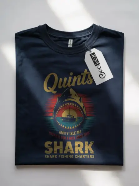 Navy front view Quint's Shark Fishing Charters vintage shark fishing t-shirt