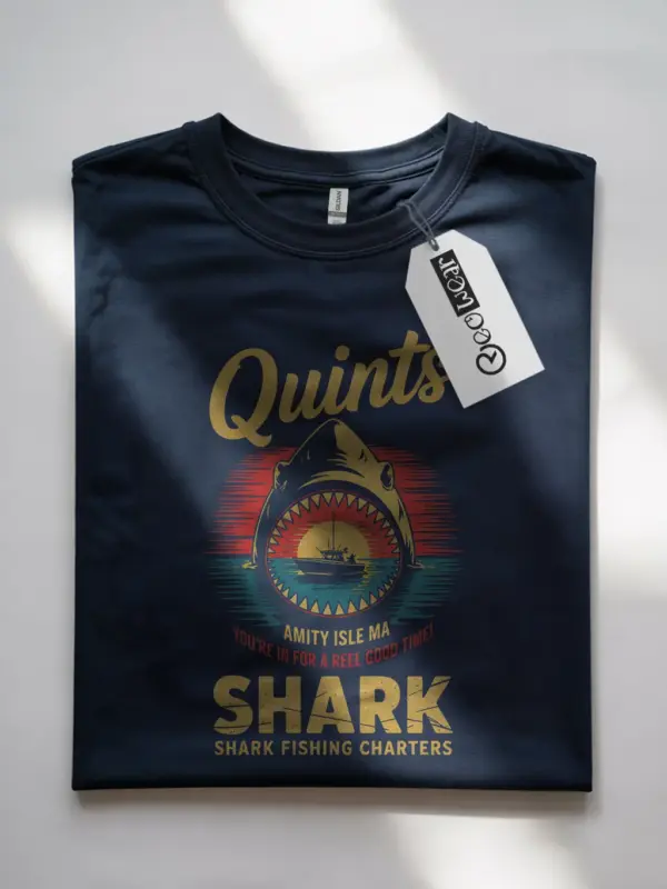 Navy front view Quint's Shark Fishing Charters vintage shark fishing t-shirt