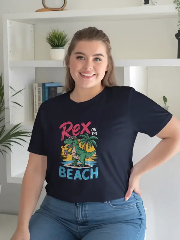 Navy rex on the beach funny dinosaur beach t-shirt