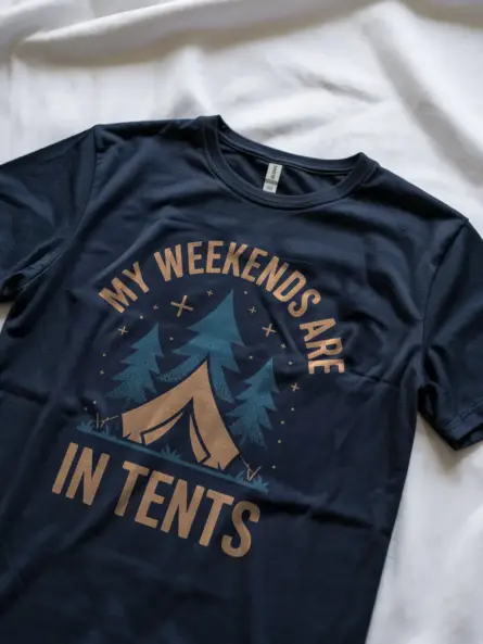 navy back view weekend camping pun t-shirt minimalist camping t-shirt vintage design