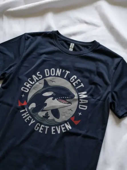 Navy front view orcas don’t get mad funny orca whale t-shirt