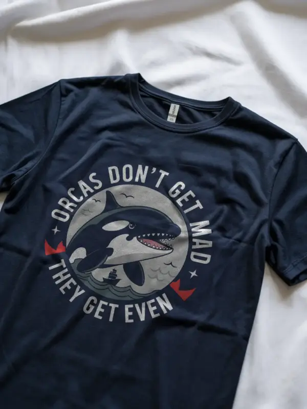 Navy front view orcas don’t get mad funny orca whale t-shirt