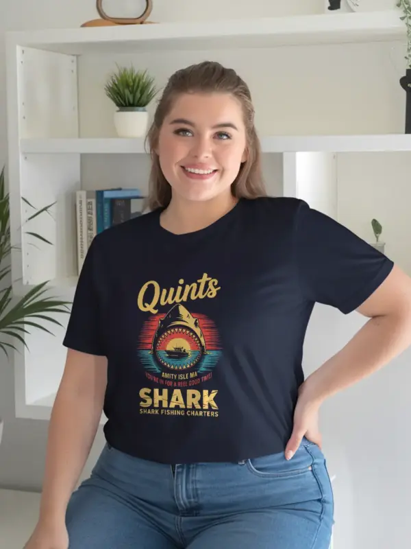 Navy lifestyle shot Quint's Shark Fishing Charters vintage shark fishing t-shirt