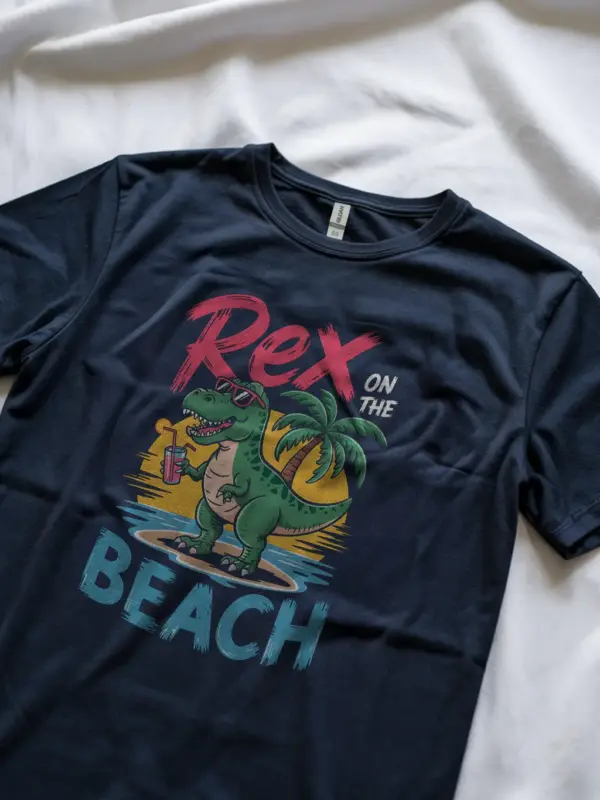 Navy lifestyle image rex on the beach funny dinosaur beach t-shirt