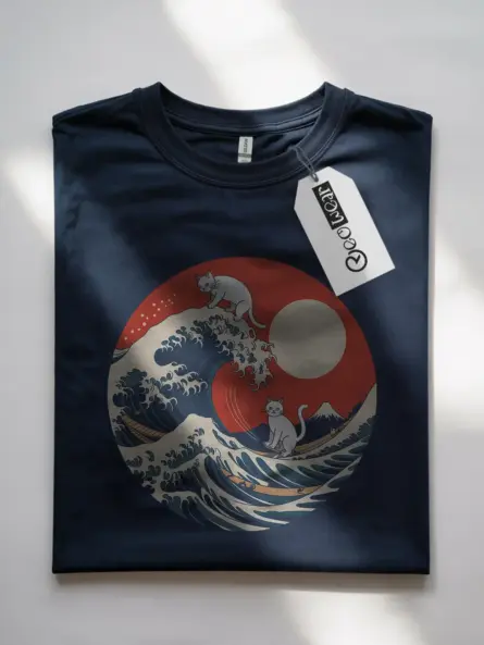 Navy great wave cat t-shirt retro surfing cat shirt with mount fuji front view
