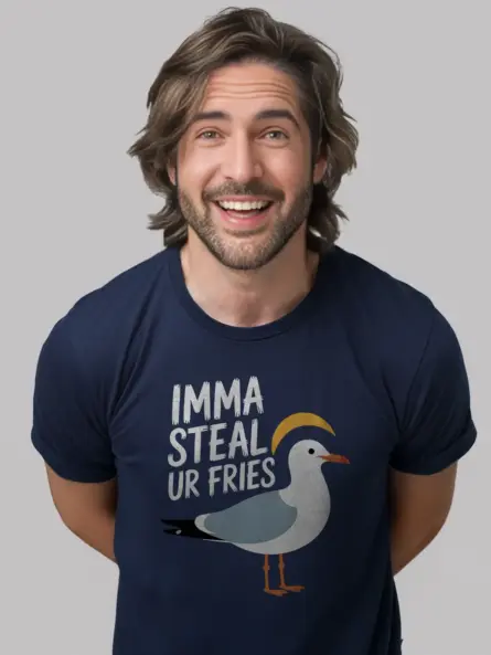 Dark heather funny seagull t-shirt humorous coastal lifestyle tee