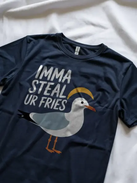 Dark heather lifestyle view funny seagull t-shirt imma steal ur fries seagull shirt
