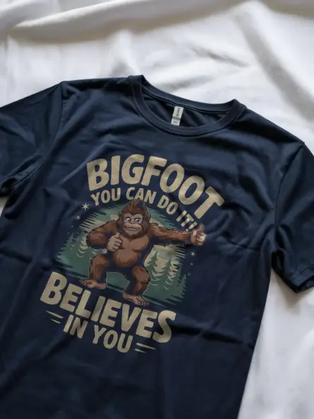 Navy Bigfoot motivational t-shirt funny Sasquatch motivational shirt design side view