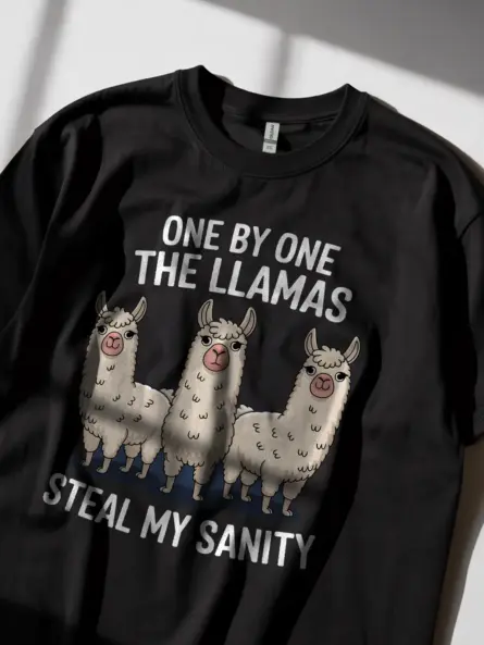 One by one the llamas steal my sanity t-shirt in black – funny animal lover tee
