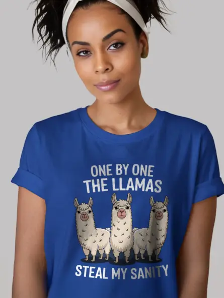 Royal blue one by one the llamas steal my sanity tee – funny llama shirt
