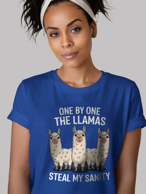 Royal blue one by one the llamas steal my sanity tee – funny llama shirt