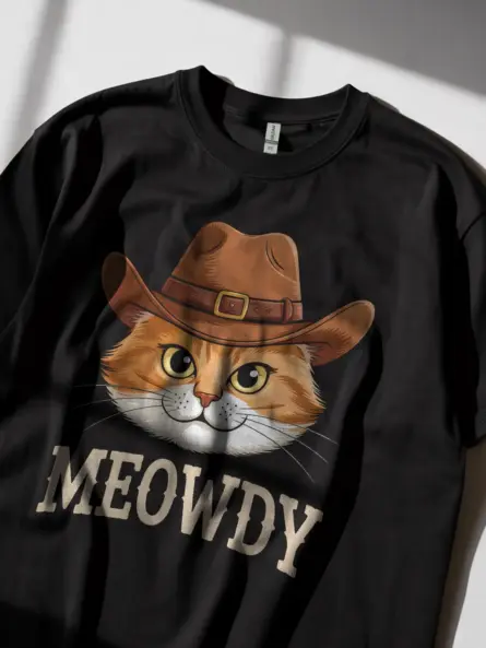 Orange cat meowdy shirt in black – cowboy cat lover tee