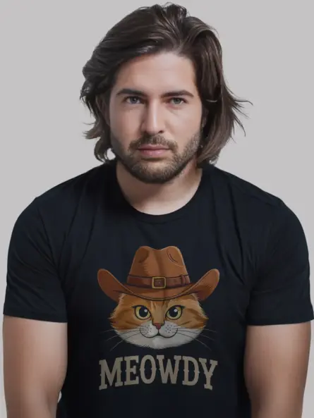 Orange cat meowdy shirt in black – cowboy cat lover tee