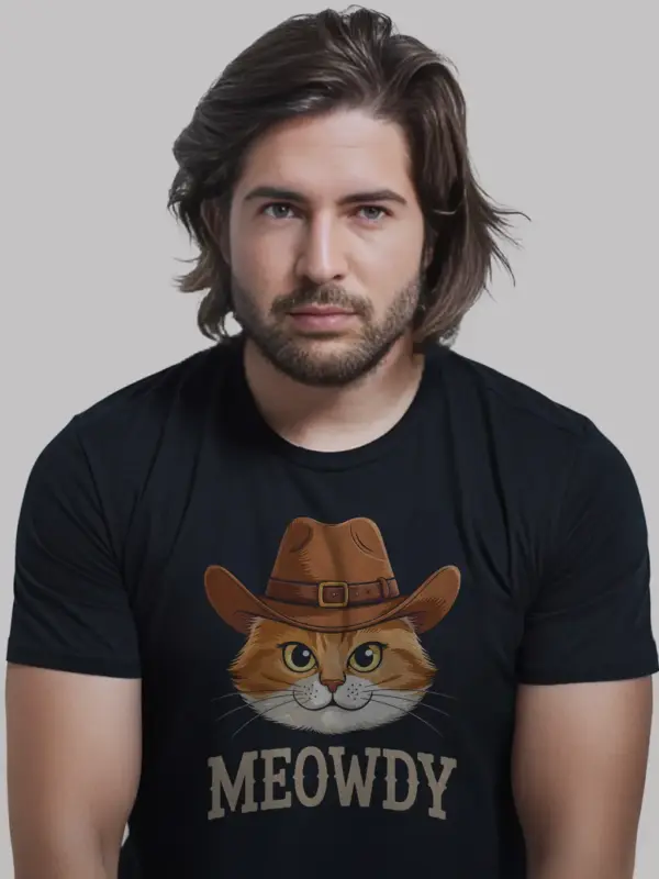 Orange cat meowdy shirt in black – cowboy cat lover tee