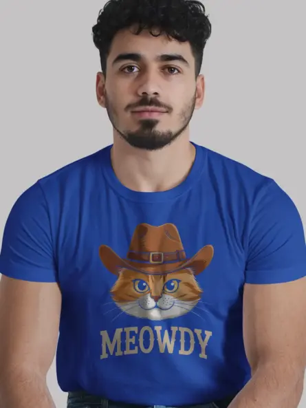 Royal blue orange cat meowdy shirt – western texas meme tee