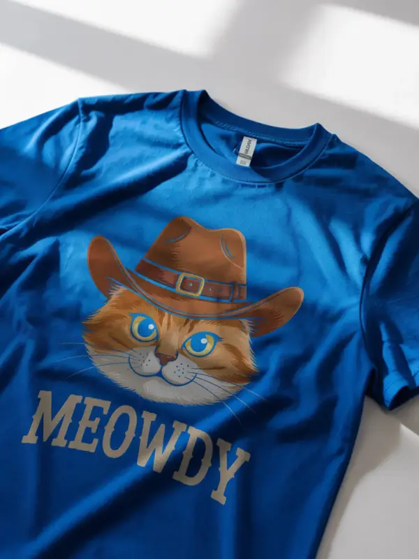 Royal blue orange cat meowdy shirt – western texas meme tee