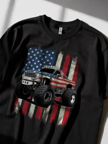 Patriotic monster truck shirt in black – usa flag design tee