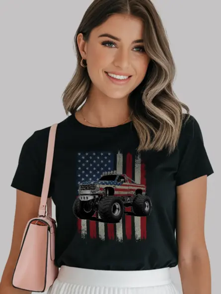 Patriotic monster truck shirt in black – usa flag design tee