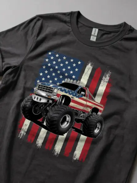 Dark heather usa flag monster truck tee