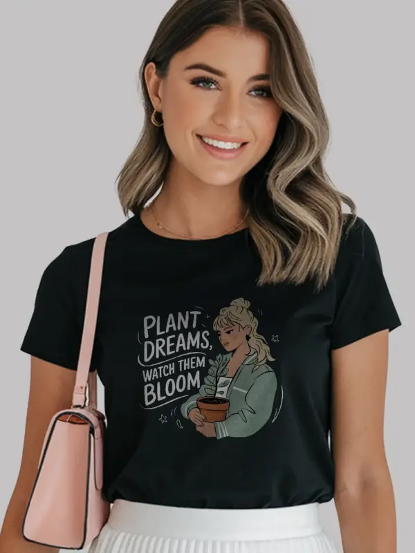 Plant dreams watch them bloom shirt in black – botanical garden tee for women