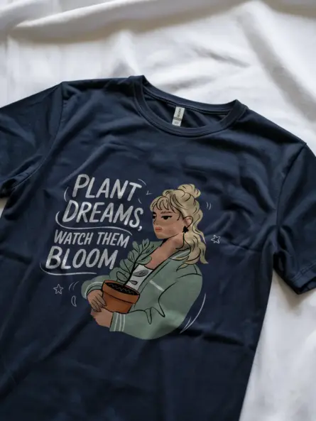 Navy gardening girl shirt – plant dreams watch them bloom design