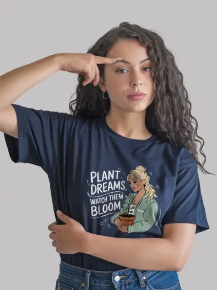 Navy gardening girl shirt – plant dreams watch them bloom design