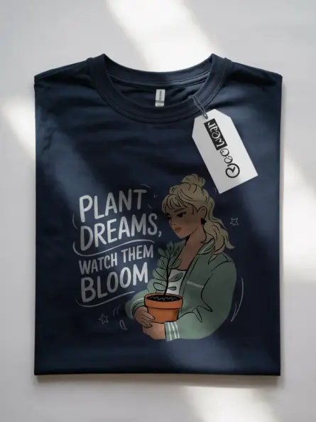 Navy gardening girl shirt – plant dreams watch them bloom design