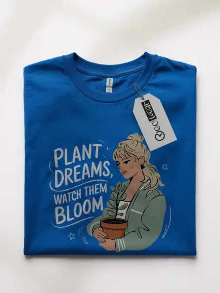 Royal blue botanical aesthetic shirt – plant dreams watch them bloom quote tee