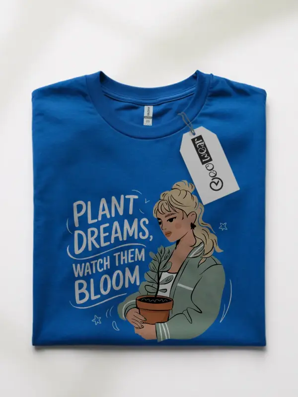 Royal blue botanical aesthetic shirt – plant dreams watch them bloom quote tee