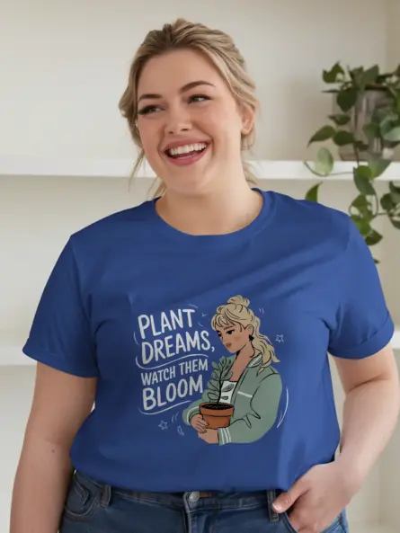 Royal blue botanical aesthetic shirt – plant dreams watch them bloom quote tee