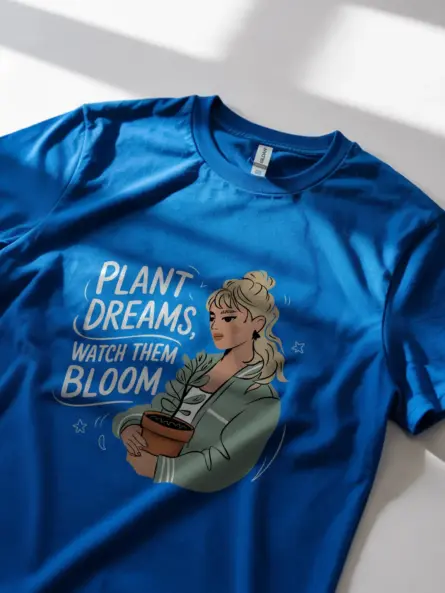 Royal blue botanical aesthetic shirt – plant dreams watch them bloom quote tee