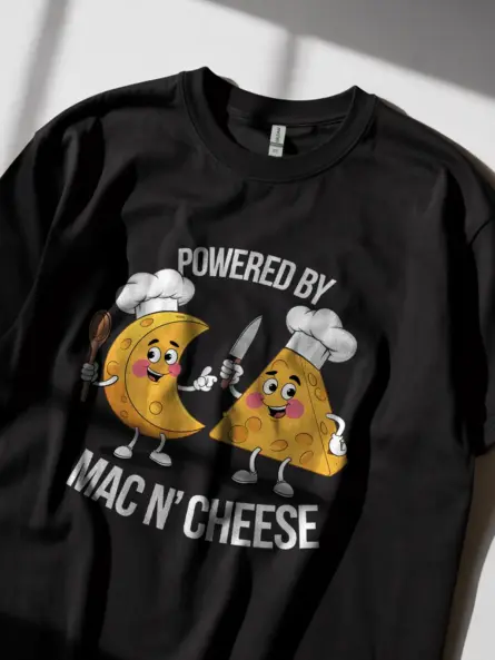 Powered by mac n cheese shirt in black – funny foodie tee