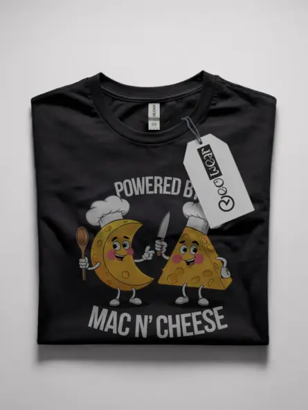Powered by mac n cheese shirt in black – funny foodie tee
