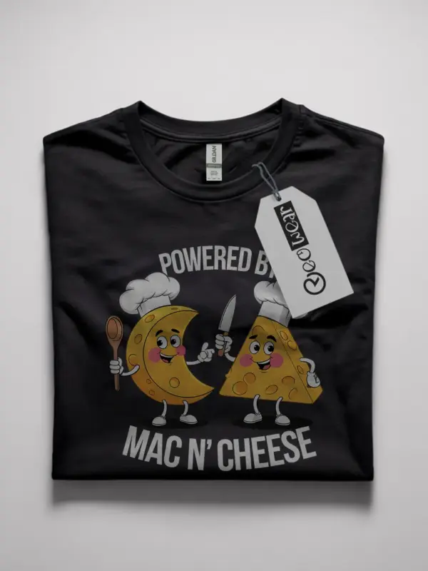 Powered by mac n cheese shirt in black – funny foodie tee