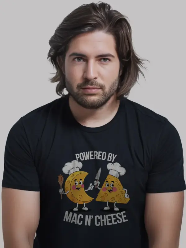 Powered by mac n cheese shirt in black – funny foodie tee