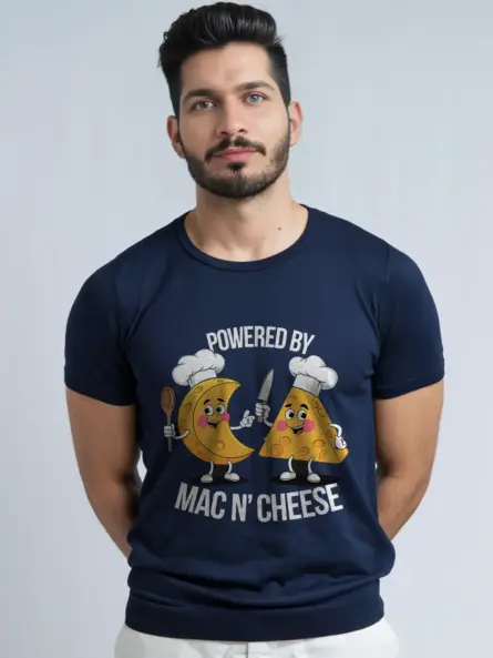 Navy powered by mac n cheese shirt – macaroni and cheese t-shirt