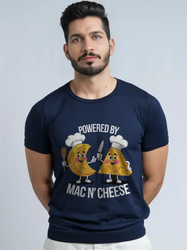 Navy powered by mac n cheese shirt – macaroni and cheese t-shirt