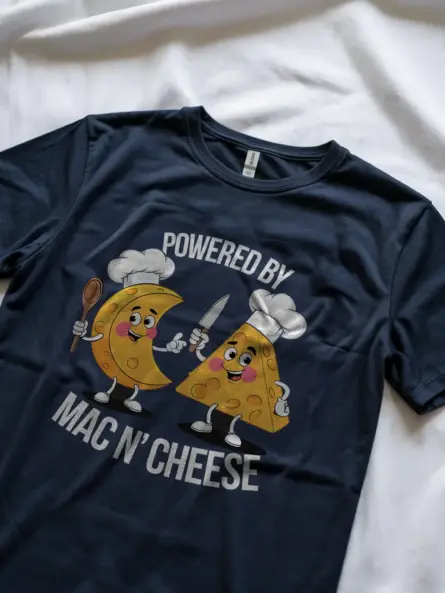 Navy Powered By Mac N Cheese Shirt – Macaroni and Cheese T-shirt