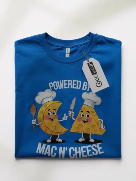 Royal blue powered by mac n cheese shirt – comfort food tee