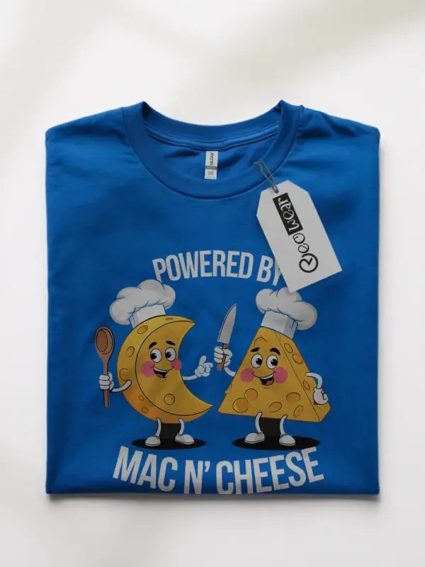 Royal blue powered by mac n cheese shirt – comfort food tee