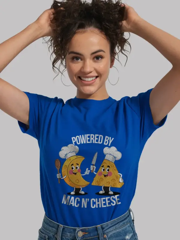 Royal blue powered by mac n cheese shirt – comfort food tee