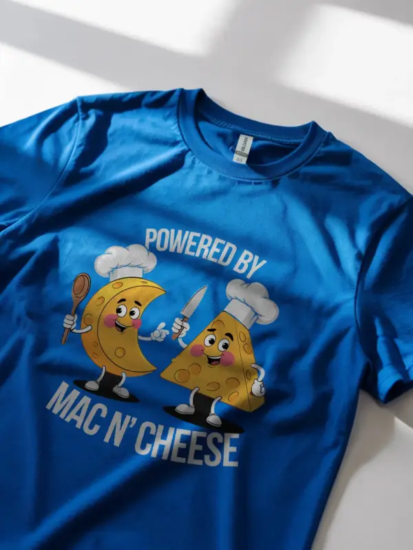 Royal blue powered by mac n cheese shirt – comfort food tee