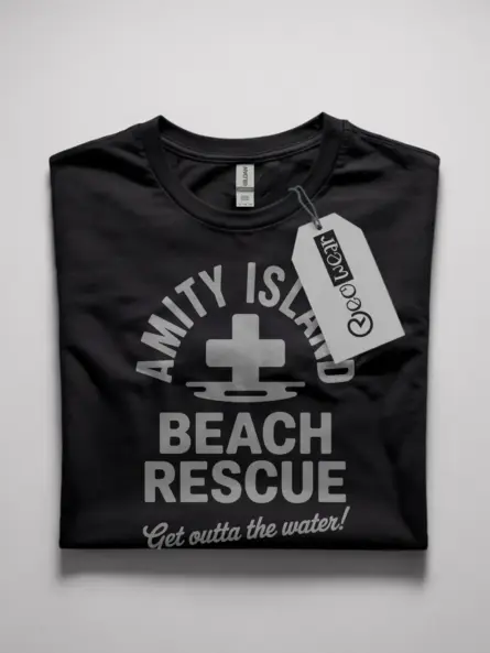 Black Amity Island Beach Rescue vintage t-shirt with retro medical cross logo and jaws inspired design